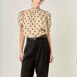 Polka-dot Puff Sleeve Top with Mock Neck