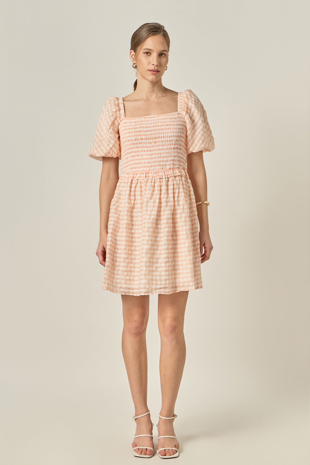 smocked mini dress BRIGHT GINGHAM Height 57 Eyelet Puff Sleeve Smocked Mini