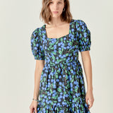 Blueberry Print Mini Dress with Puff Sleeves