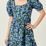Blueberry Print Mini Dress with Puff Sleeves
