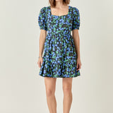 Blueberry Print Mini Dress with Puff Sleeves