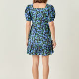 Blueberry Print Mini Dress with Puff Sleeves