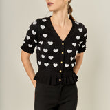 Heart Print Puff Sleeve Cardigan