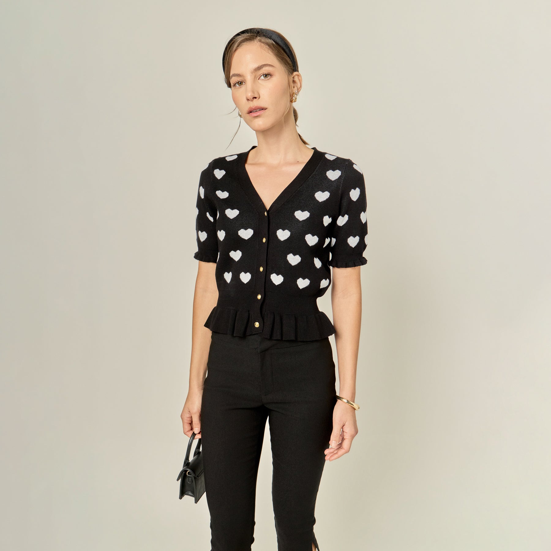 Heart Print Puff Sleeve Cardigan