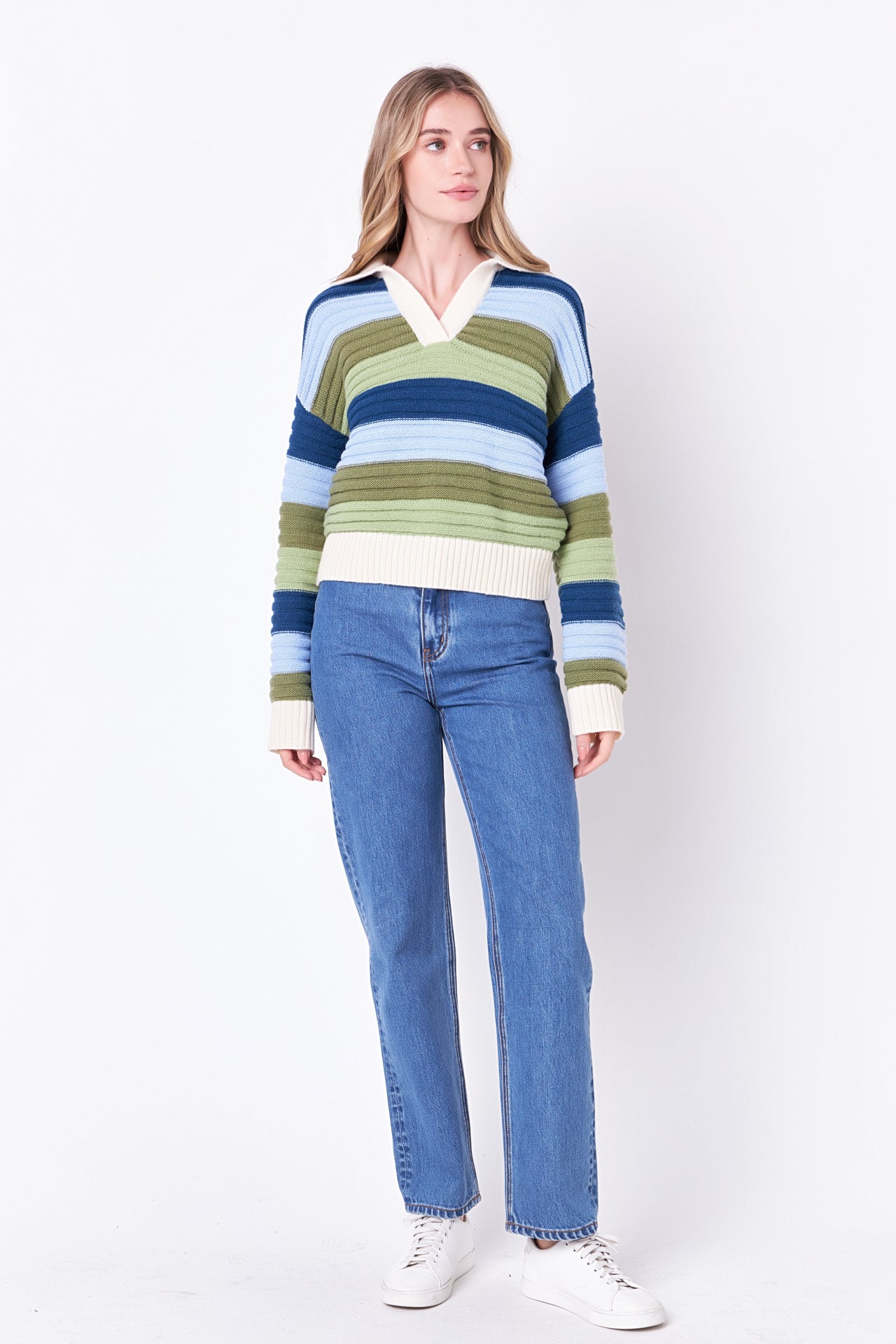 FANO STUDIOS POLO NECK STRIPE KNIT TOP-