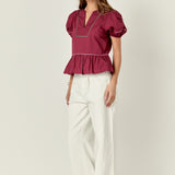 Piping Detail Top with Short Puff Sleeves