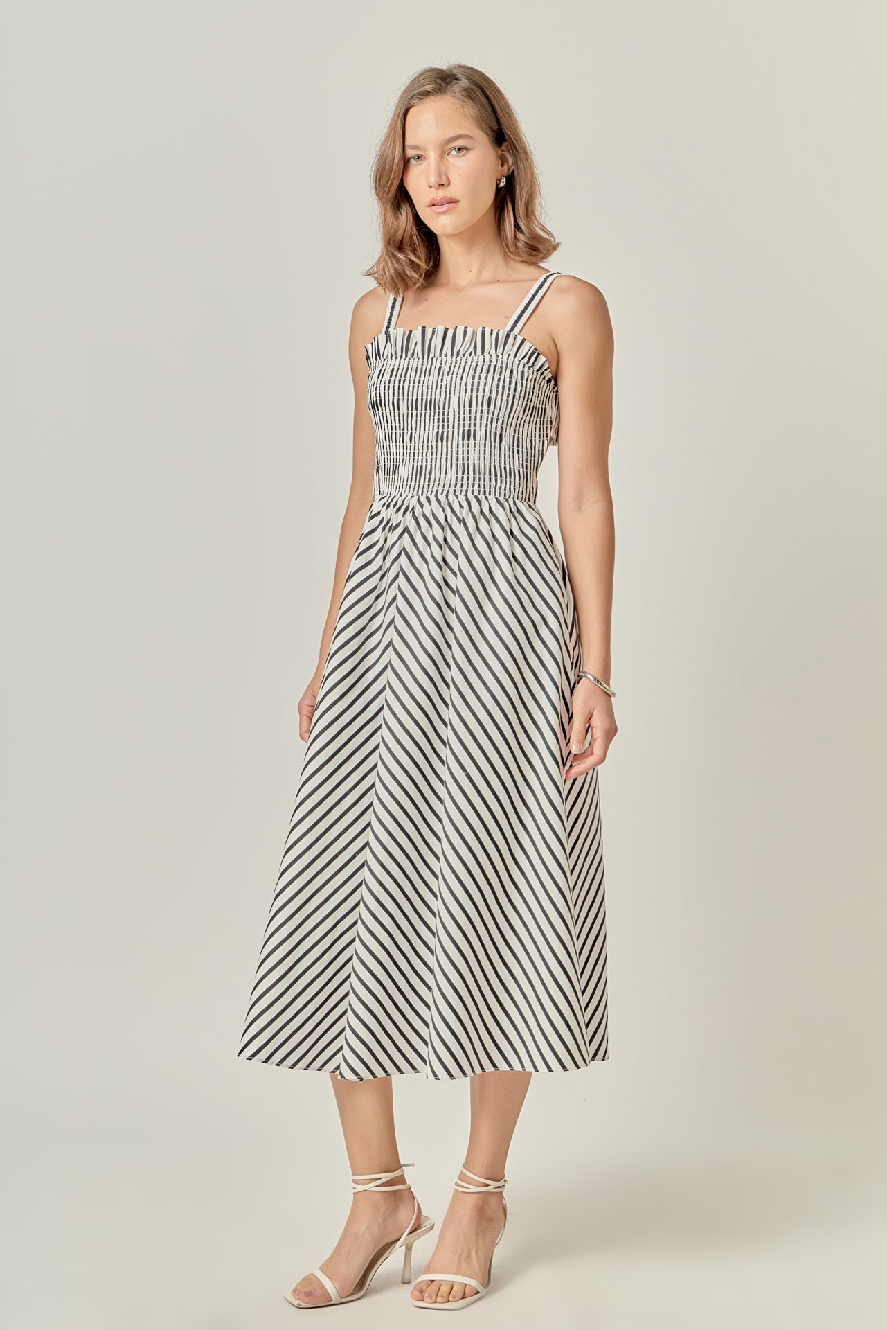 English Factory Striped Smocked Dress - White
