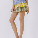 Paisley Colorblock Ruffled Mini Skirt