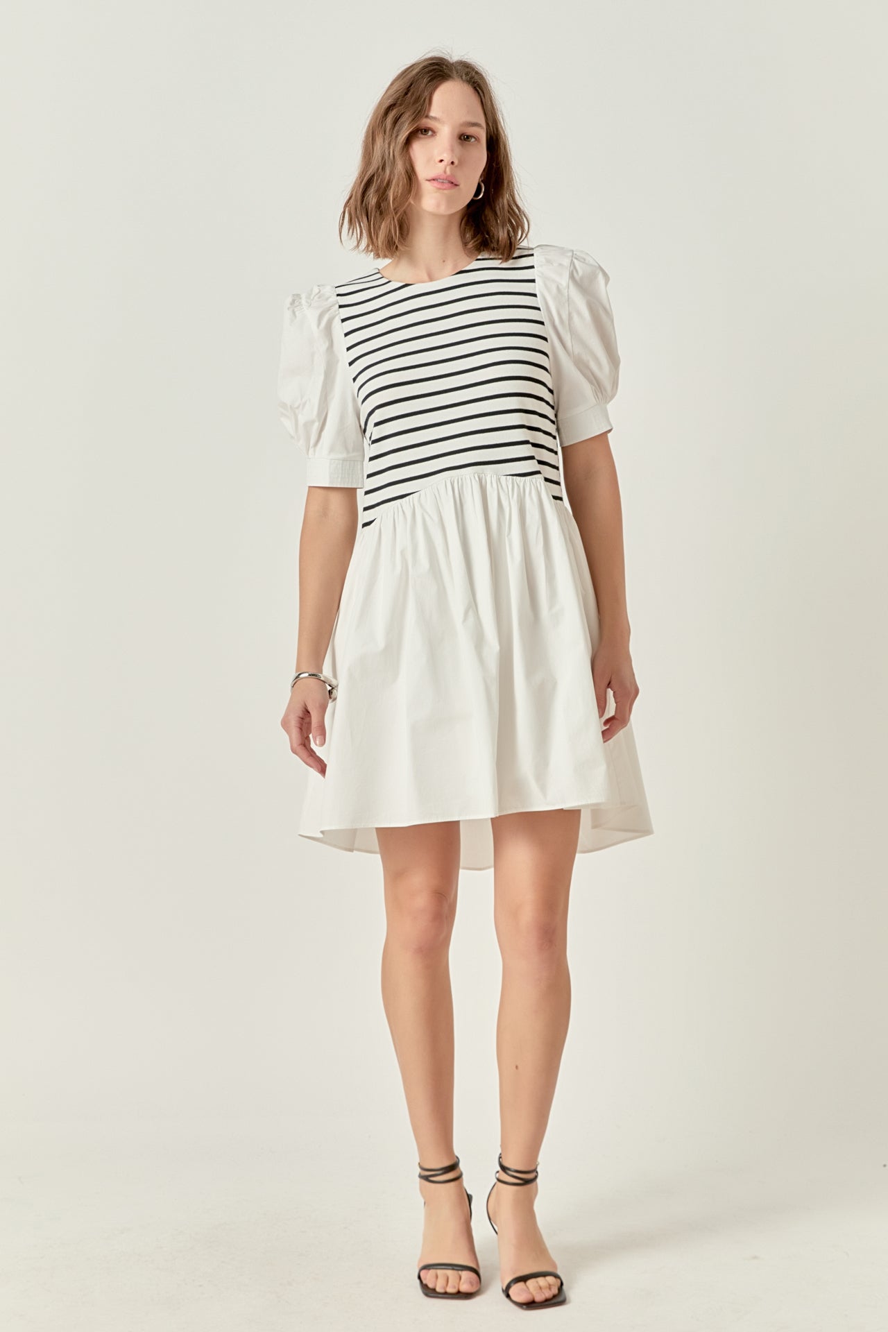 English Factory - Puff Sleeve High Low Knit Combo Dress PINK/WHITE / S English Factory - Puff Sleeve High Low Knit Combo Dress PINK/WHITE / S