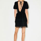 Puff Sleeve Mixed Media Mini Dress in Black