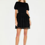 Puff Sleeve Mixed Media Mini Dress in Black