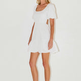 Mixed Media Puff Sleeve Back Bow Dress