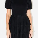 Puff Sleeve Mixed Media Mini Dress in Black