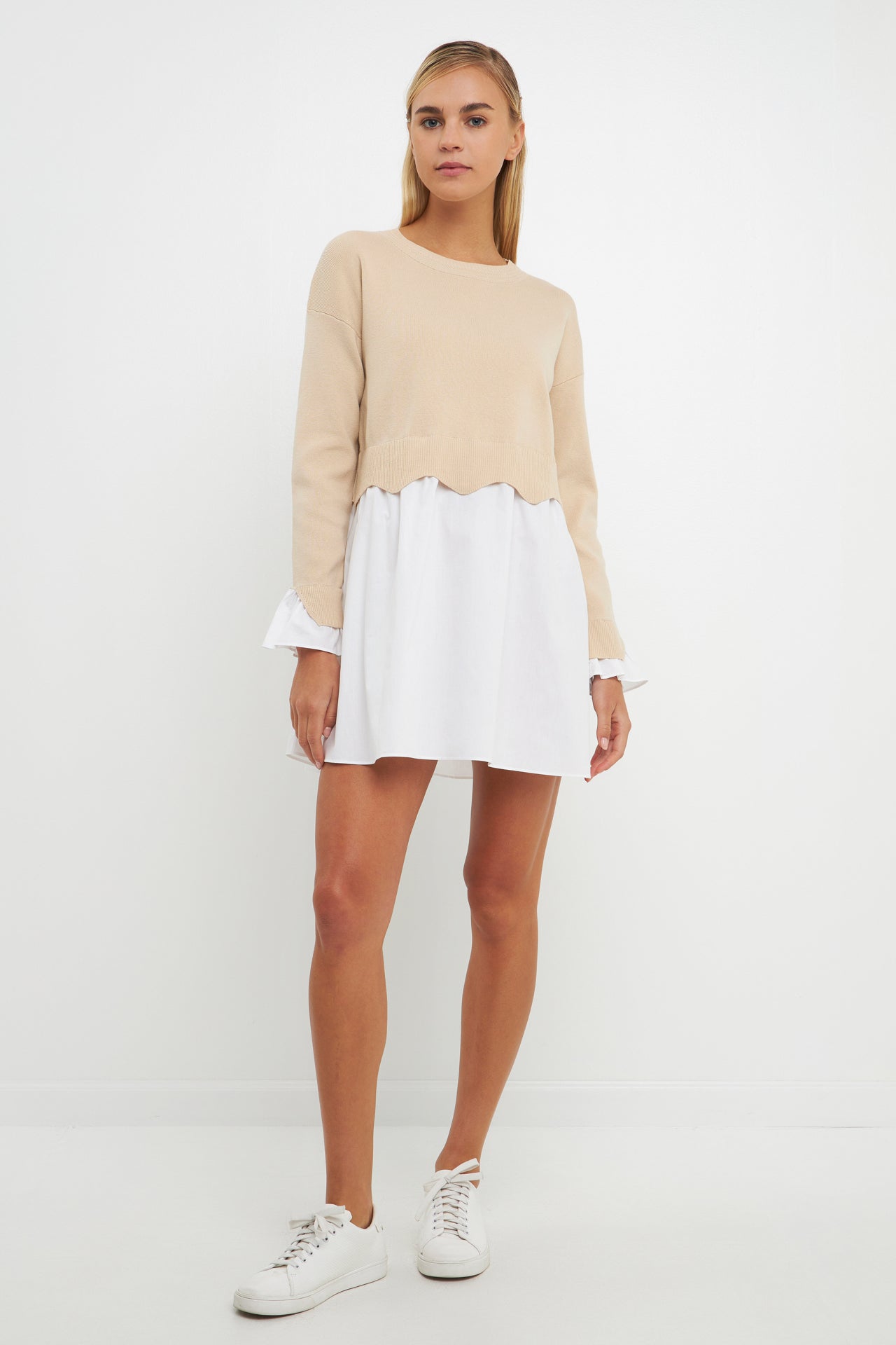 Scalloped Knit Poplin Combo Dress – English Factory