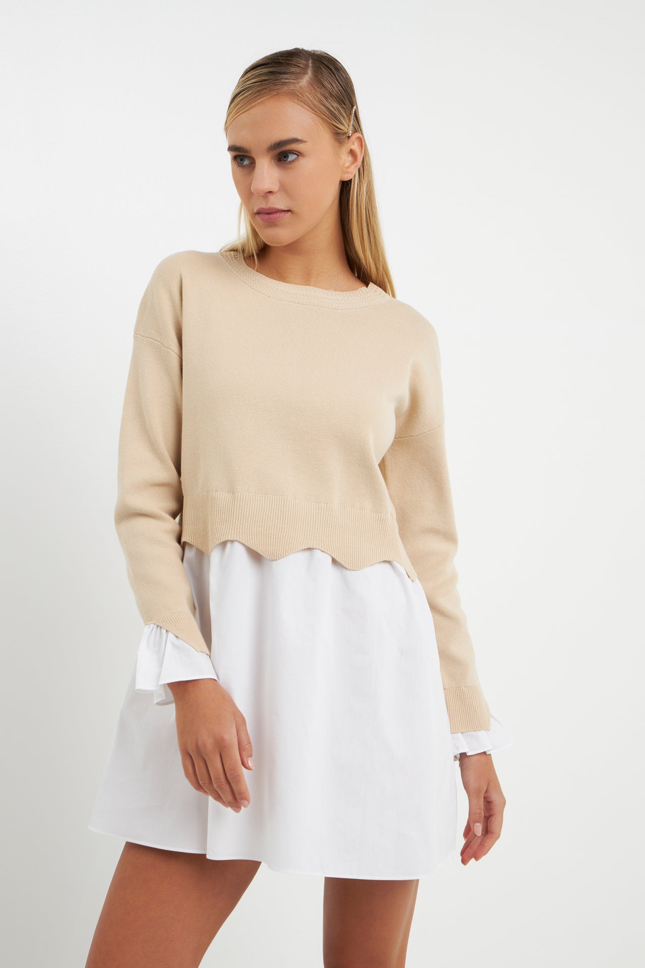 Scalloped Knit Poplin Combo Dress – English Factory