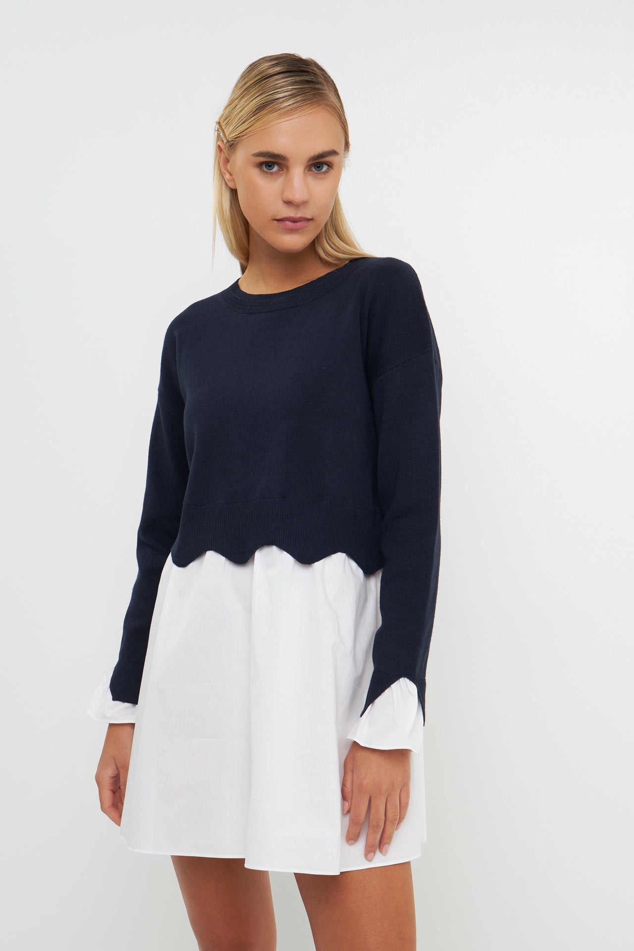 Scalloped Knit Poplin Combo Dress – English Factory