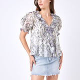 Abstract Floral Print Ruffle Top