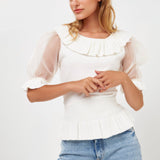 Organza Puff Sleeve Knit Top with Ruffled Neck