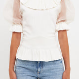 Organza Puff Sleeve Knit Top with Ruffled Neck