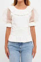 Load image into Gallery viewer, Organza Puff Sleeve Knit Top with Ruffled Neck
