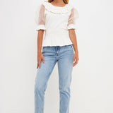 Organza Puff Sleeve Knit Top with Ruffled Neck