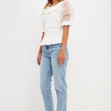 Organza Puff Sleeve Knit Top with Ruffled Neck