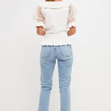 Organza Puff Sleeve Knit Top with Ruffled Neck