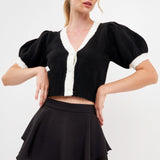 Color Block Short Puff Sleeve Sweater