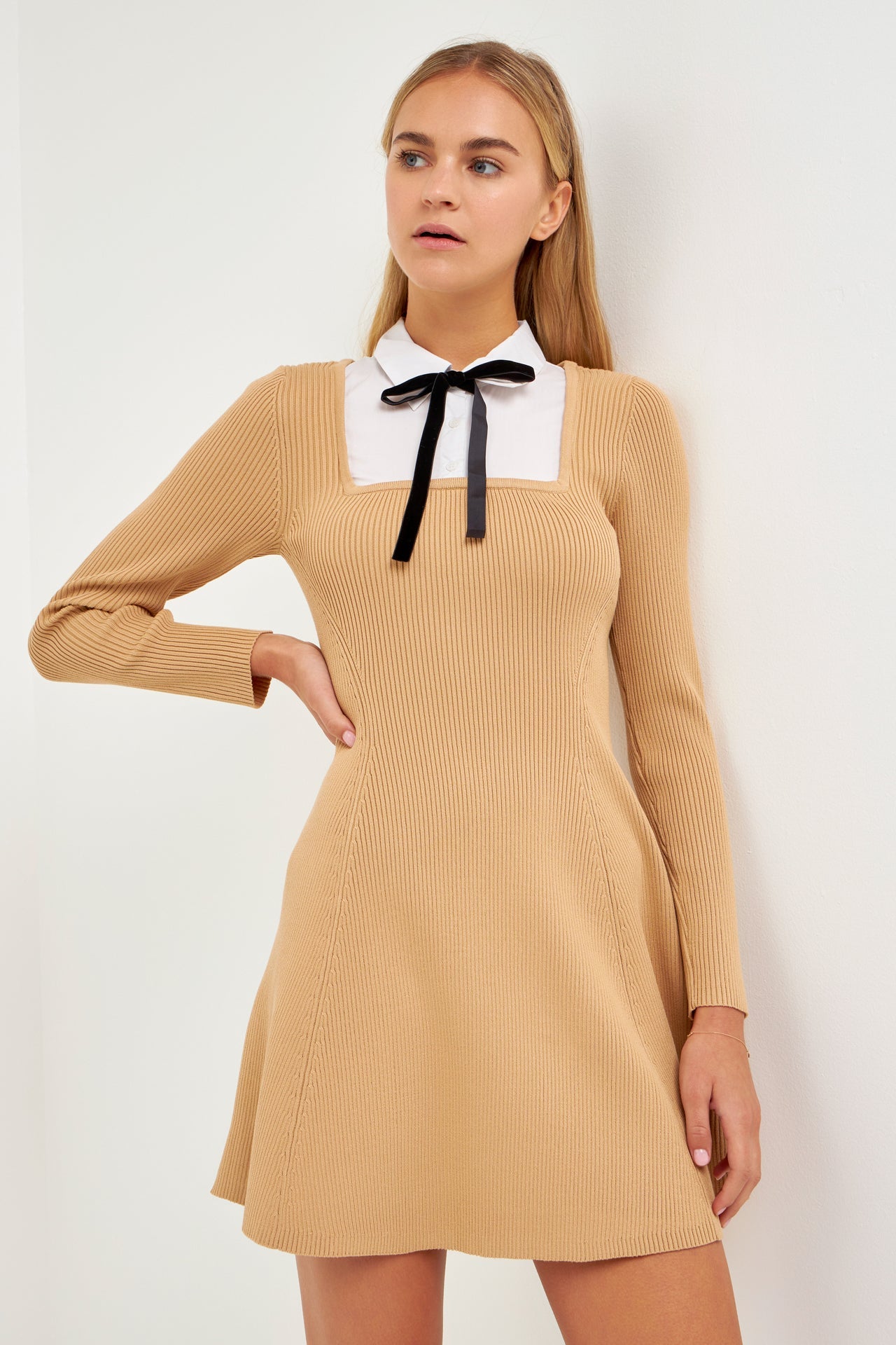 English Factory - Mixed Media Fit and Flare Sweater Dress Beige / M English Factory - Mixed Media Fit and Flare Sweater Dress Beige / M