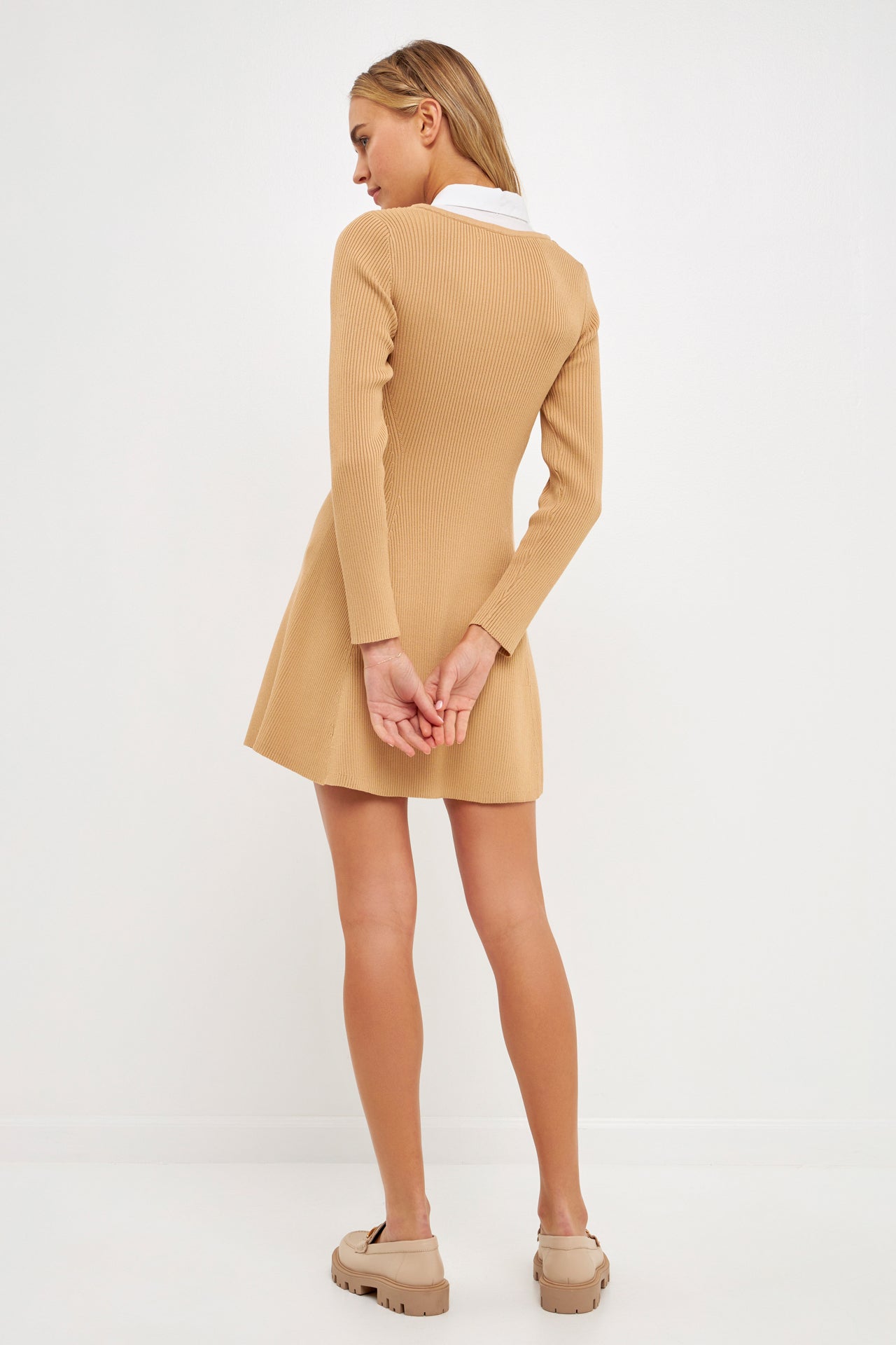 English Factory - Mixed Media Fit and Flare Sweater Dress Beige / M English Factory - Mixed Media Fit and Flare Sweater Dress Beige / M