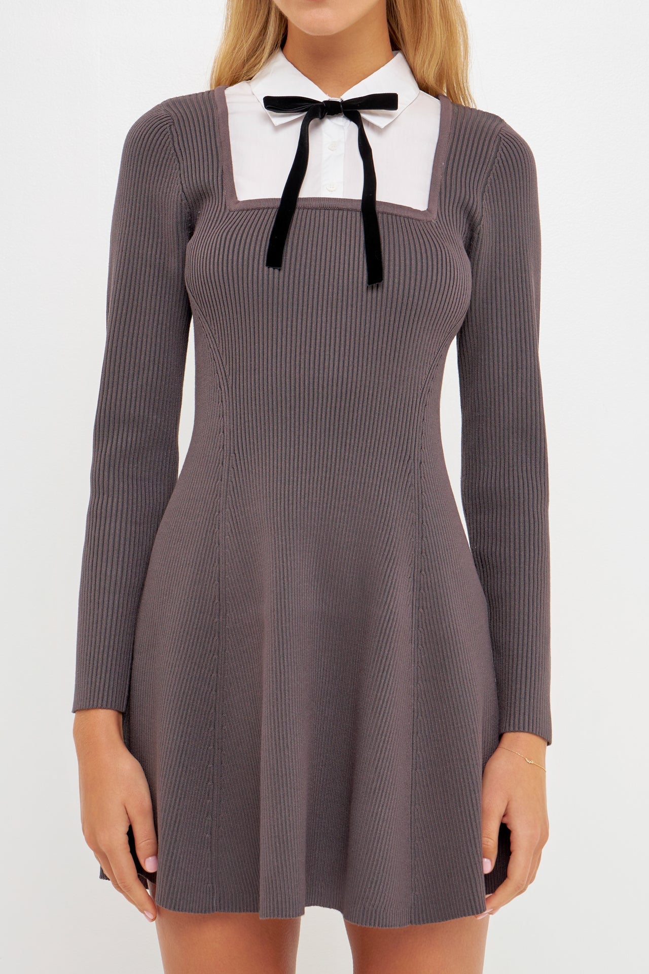 English Factory - Mixed Media Fit and Flare Sweater Dress Beige / M English Factory - Mixed Media Fit and Flare Sweater Dress Beige / M