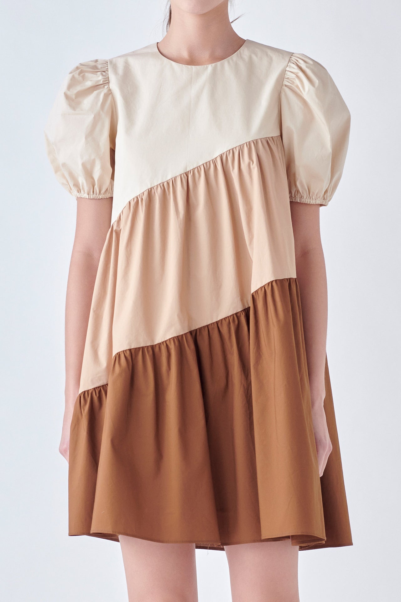 ENGLISH FACTORY-Asymmetrical Colorblock Puff Sleeve Dress-DRESSES available at Objectrare
