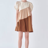 ENGLISH FACTORY-Asymmetrical Colorblock Puff Sleeve Dress-DRESSES available at Objectrare