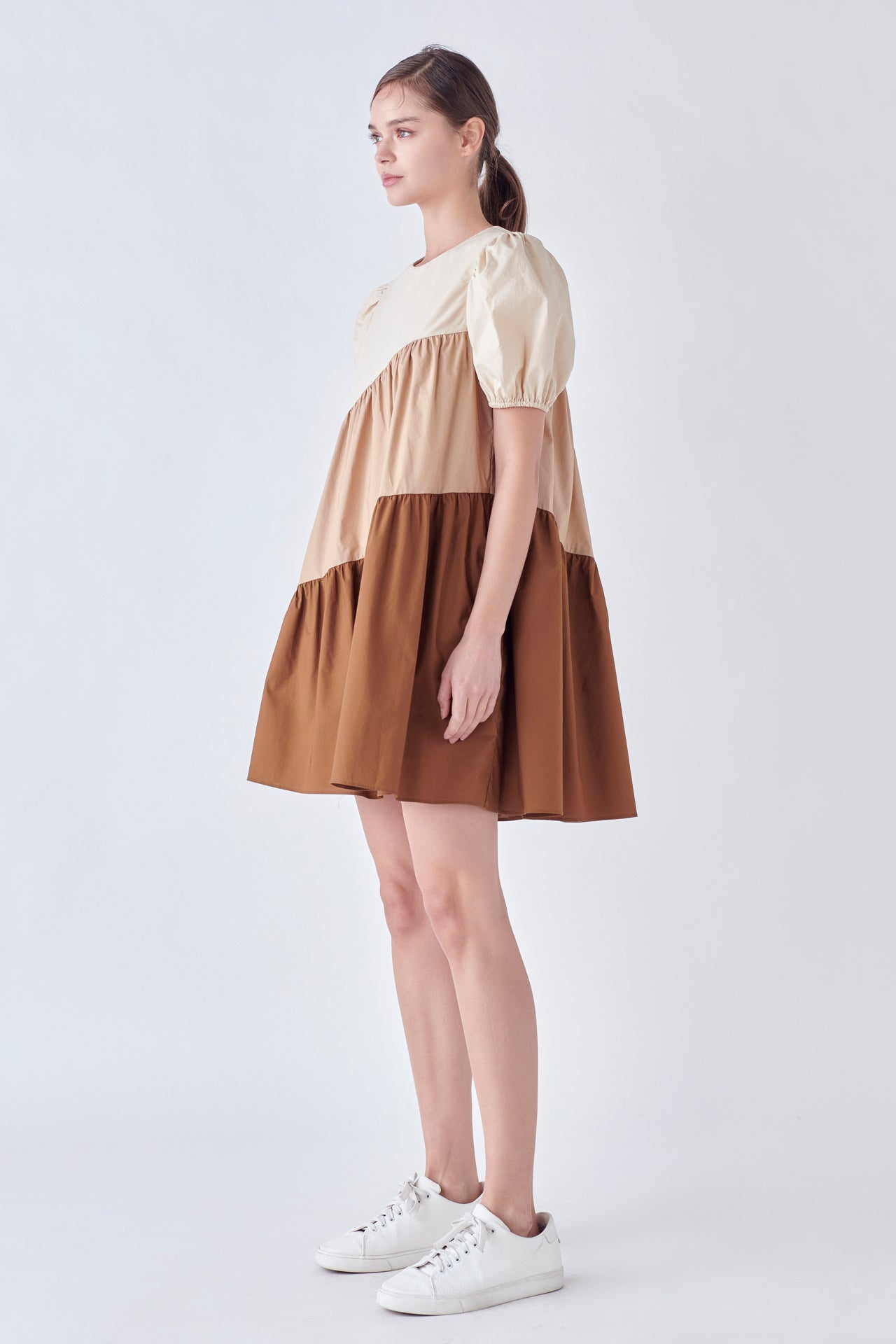 ENGLISH FACTORY-Asymmetrical Colorblock Puff Sleeve Dress-DRESSES available at Objectrare