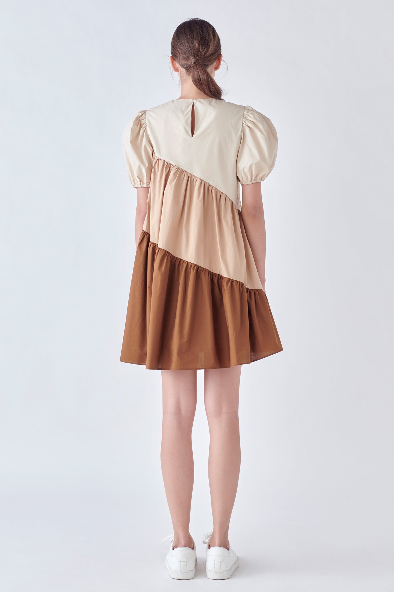 ENGLISH FACTORY-Asymmetrical Colorblock Puff Sleeve Dress-DRESSES available at Objectrare