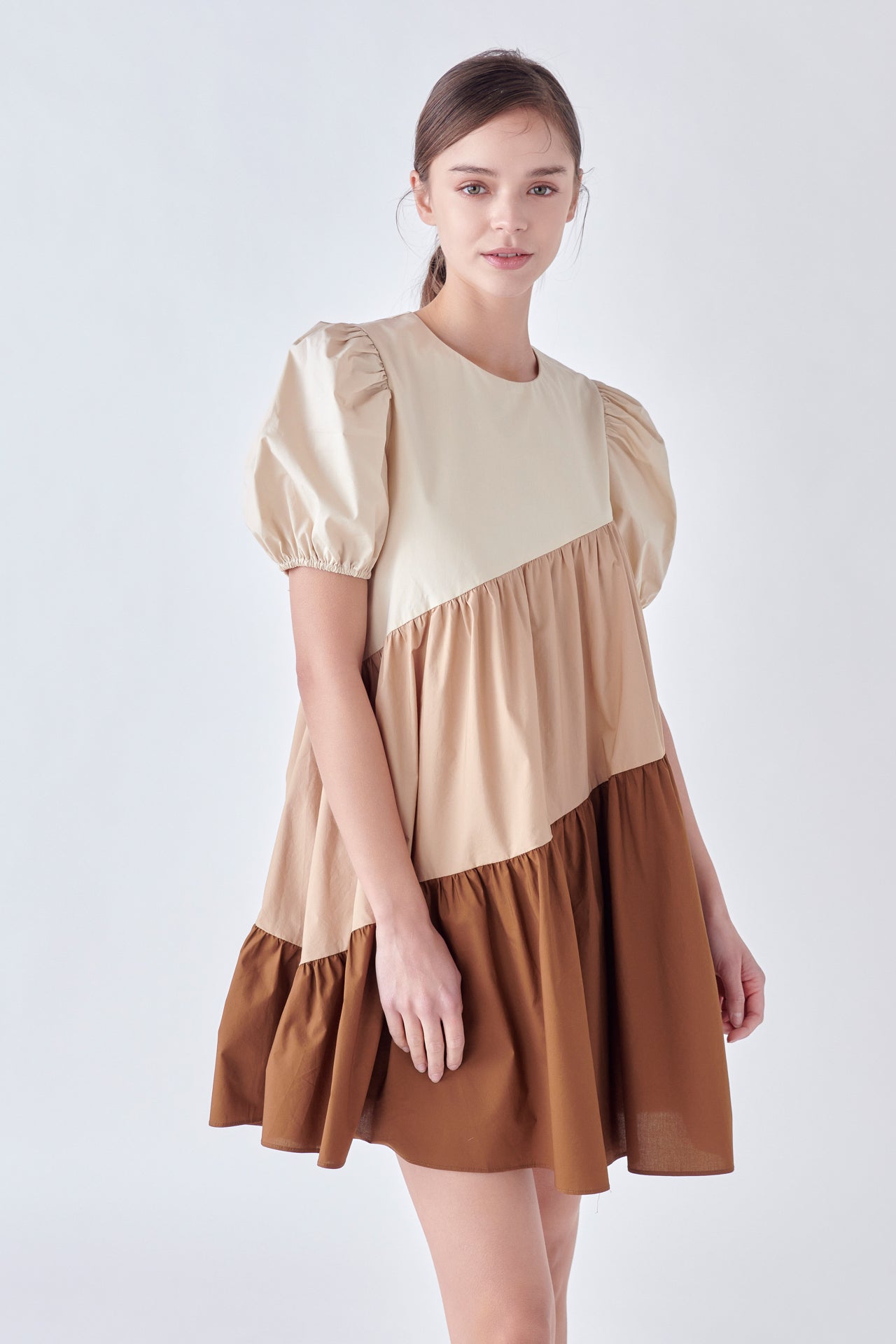 ENGLISH FACTORY-Asymmetrical Colorblock Puff Sleeve Dress-DRESSES available at Objectrare