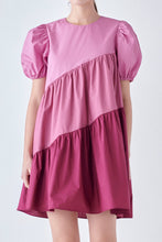 Load image into Gallery viewer, ENGLISH FACTORY-Asymmetrical Colorblock Puff Sleeve Dress-DRESSES available at Objectrare
