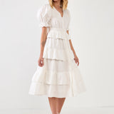 Poplin Button Down Tiered Midi Puff Dress