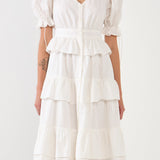 Poplin Button Down Tiered Midi Puff Dress