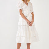 Poplin Button Down Tiered Midi Puff Dress