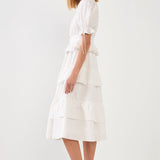 Poplin Button Down Tiered Midi Puff Dress