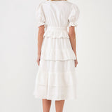 Poplin Button Down Tiered Midi Puff Dress