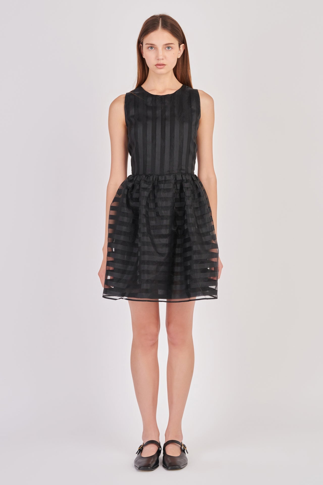English Factory - Striped Organza Sleeveless Mini Dress Black / S English Factory - Striped Organza Sleeveless Mini Dress Black / S