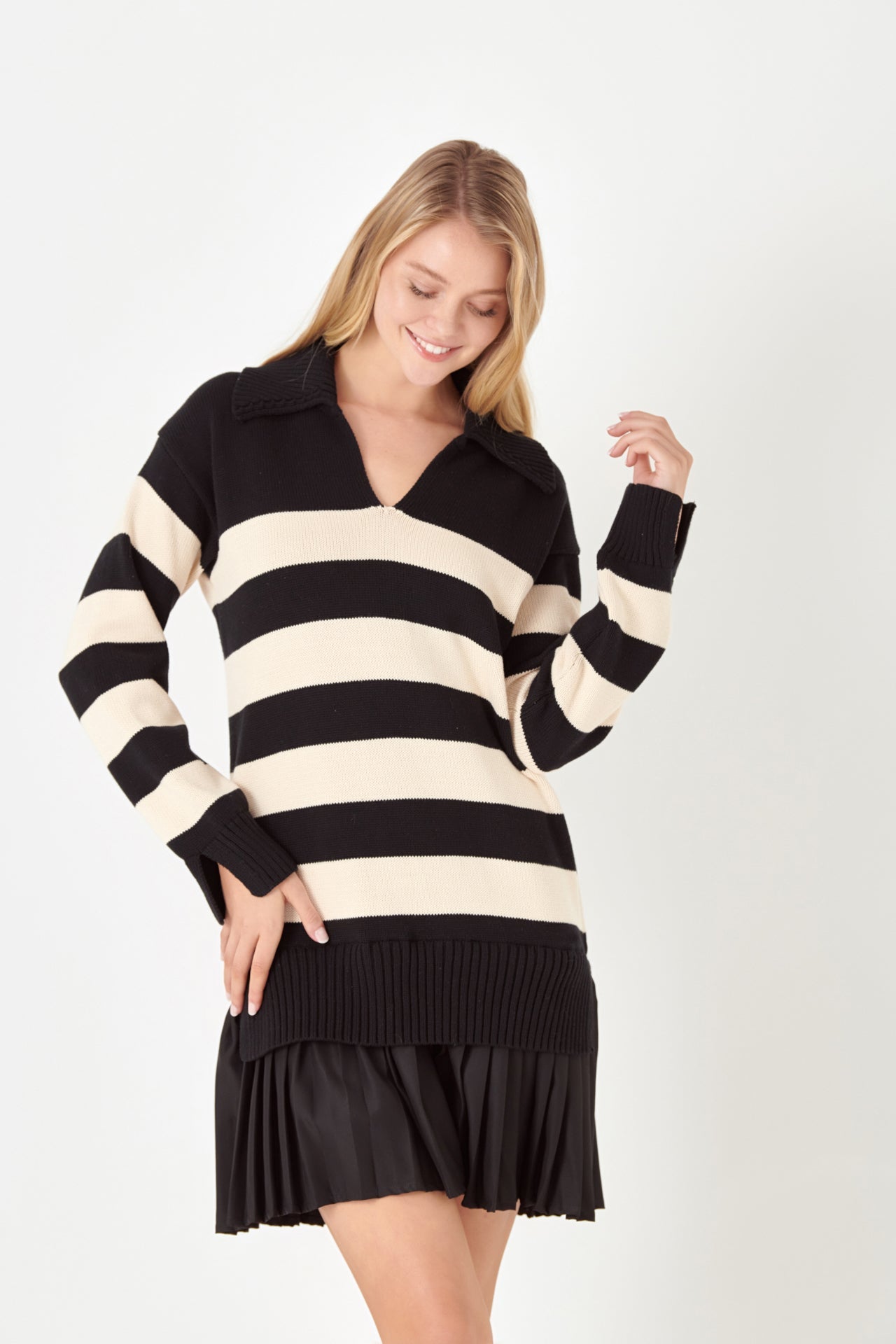 Stripe Mixed Media Factory Dress English – Pleated Mini
