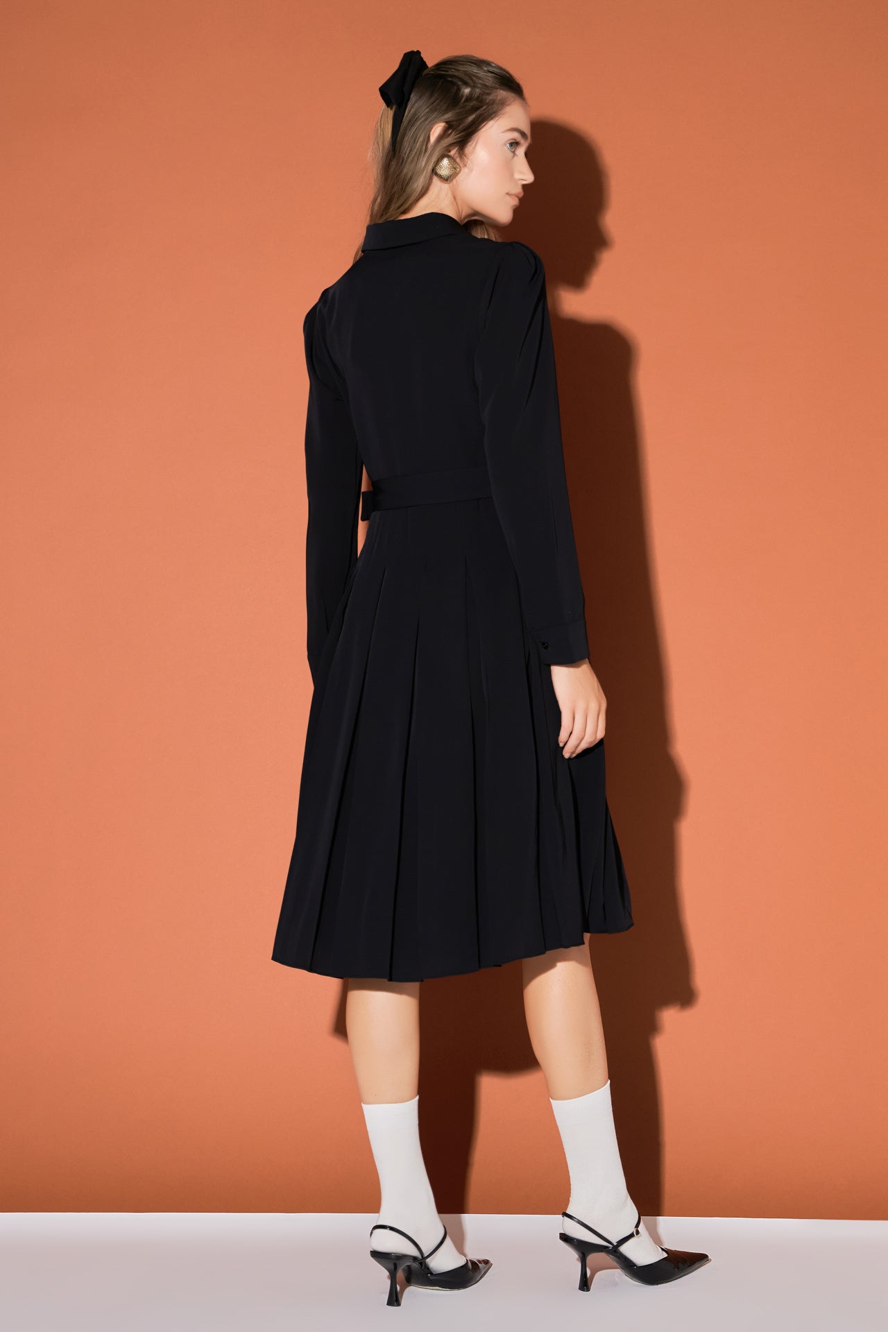 ENGLISH FACTORY-Pleated Collared Long Sleeve Midi Dress-DRESSES available at Objectrare