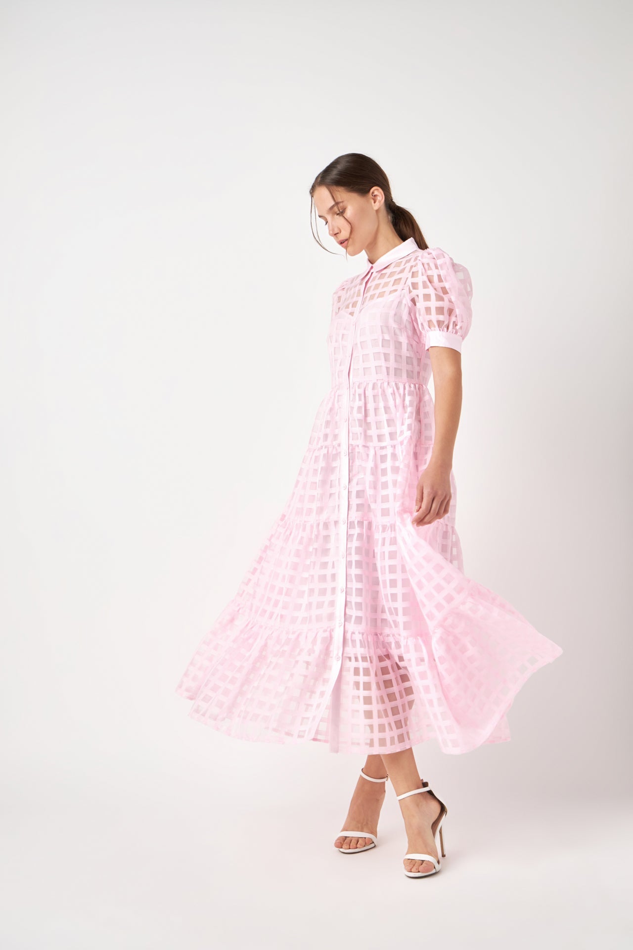 ENGLISH FACTORY-Gridded Organza Tiered Maxi Dress-DRESSES available at Objectrare