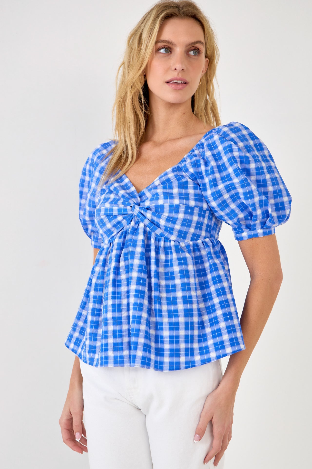 Gingham Twisted Puff Sleeve Top