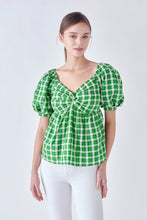 Load image into Gallery viewer, Gingham Twisted Puff Sleeve Top
