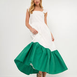 Shoulder Ruffled Poplin Maxi with Accent Colorblock