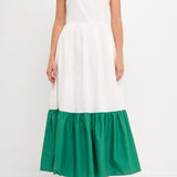 Shoulder Ruffled Poplin Maxi with Accent Colorblock